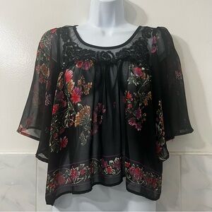 Angie Dark Floral Sheer Sequin Bell Sleeve Top Small Peasant Fairy Whimsigoth